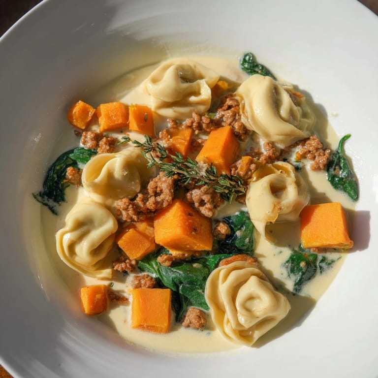 A warm bowl of Creamy Sausage Tortellini Soup, fragrant with herbs and spicy Italian sausage.