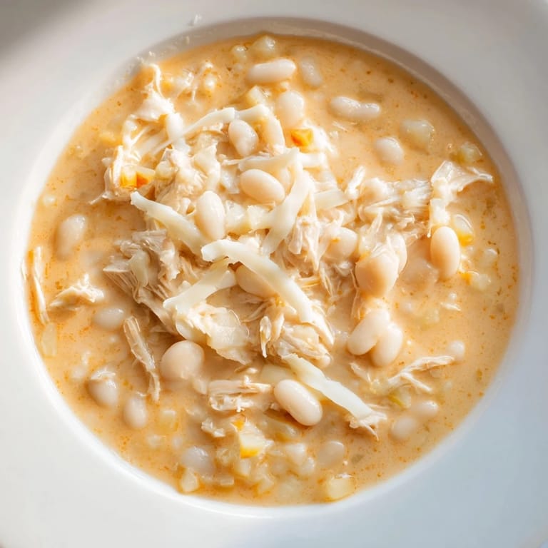 A close-up of a rich, creamy 35-Minute White Cheddar Apple Chicken Chili, ready to be enjoyed.