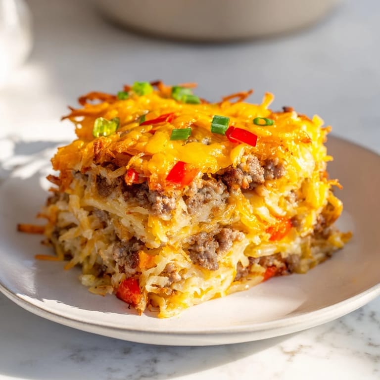 A hearty pan of Quick Christmas Morning Hash Brown Bake, filled with sausage, ready to be sliced and served.