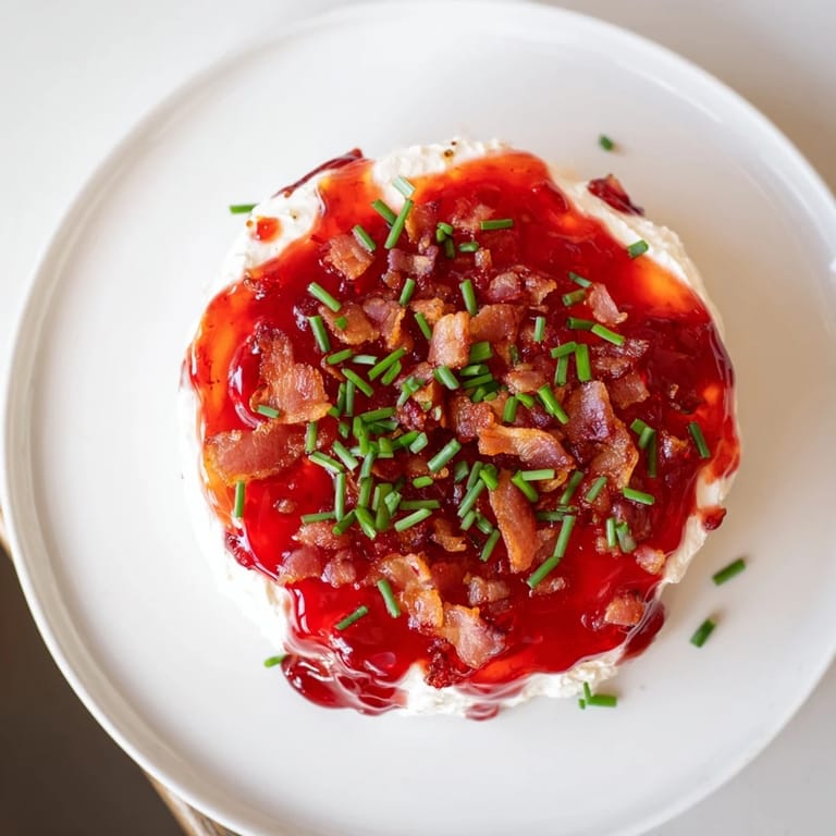 A close-up shows the colorful layers of the Easy Bacon Pepper Jelly, ready to be scooped up with crackers.