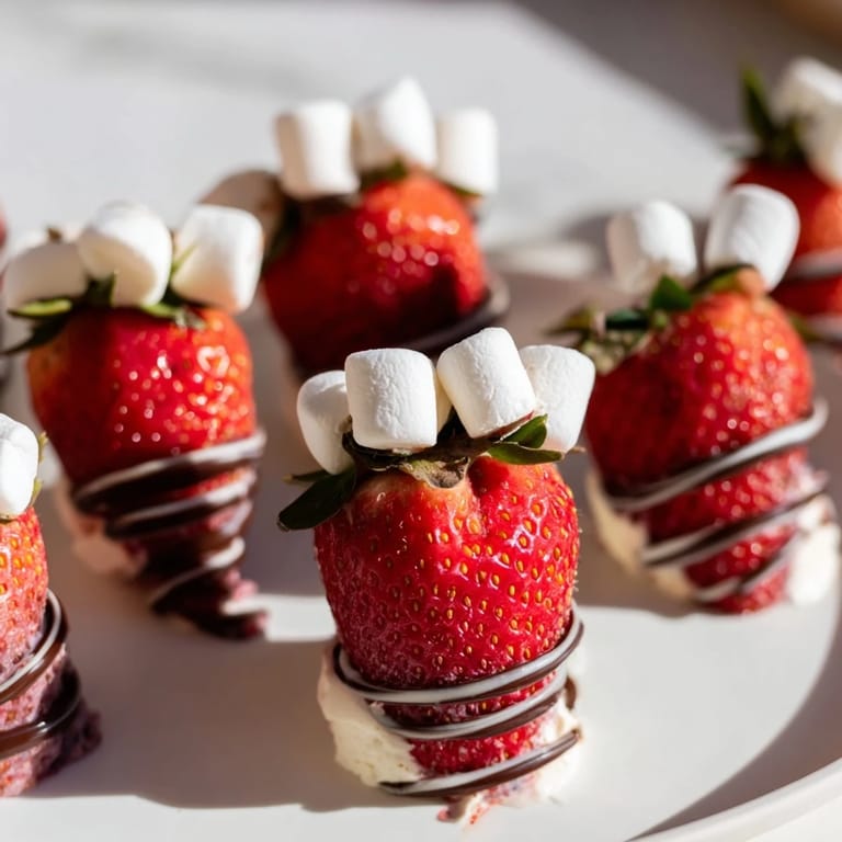 Bright red strawberries transformed into adorable Air Fryer Santa Hat Strawberries with melted white chocolate accents.