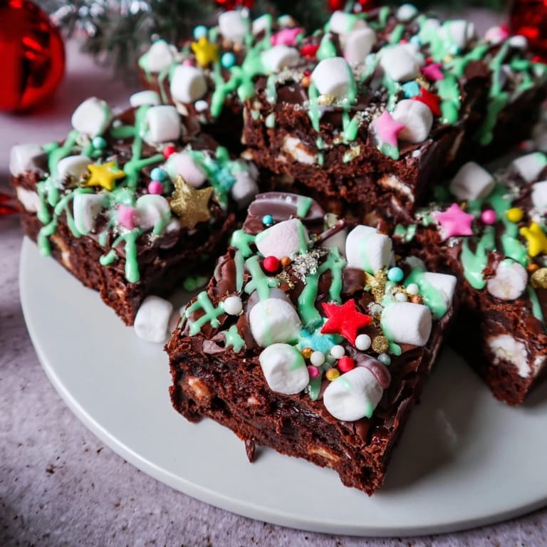Delicious *Express Christmas Tree Brownie Hats* feature brownie bases, green chocolate "trees", and edible star sprinkles.