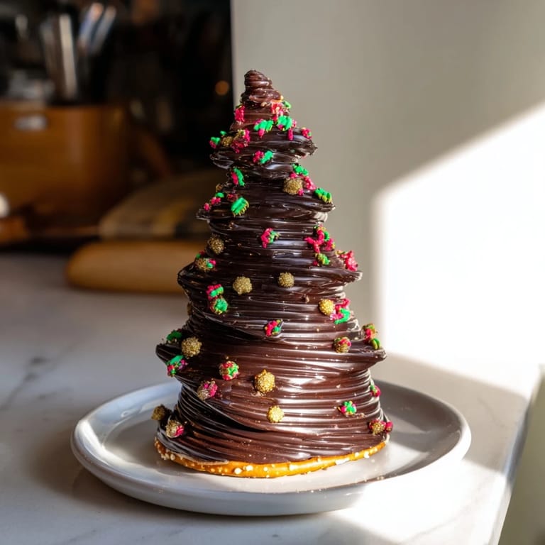 Close-up of freshly made Express Chocolate Christmas Trees, with pretzel trunks ready to be enjoyed.