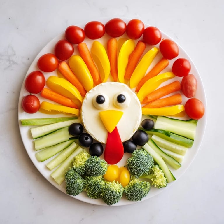Colorful turkey shaped appetizer tray featuring bright bell peppers, tomatoes, and arranged for a festive occasion.
