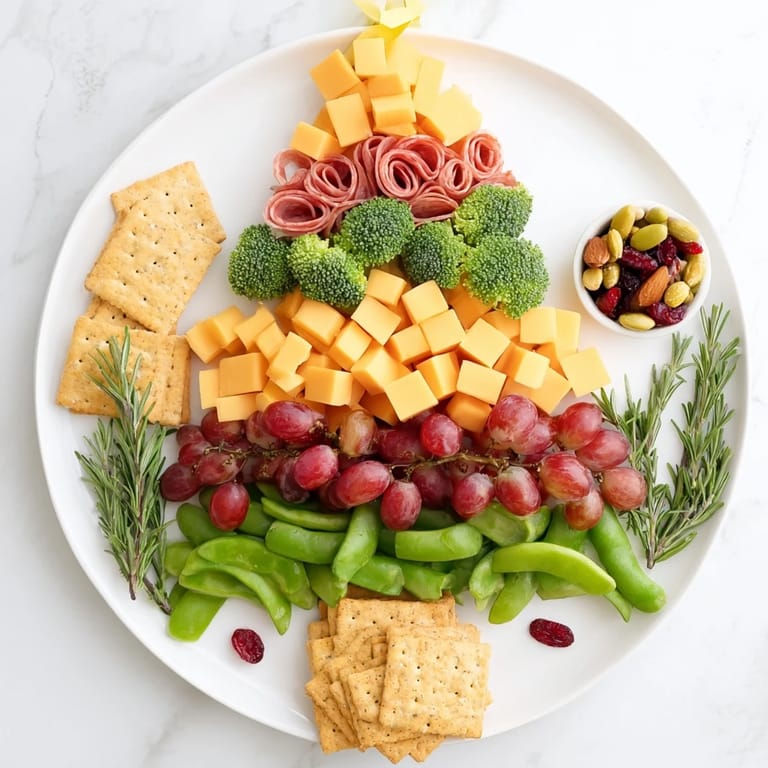Festive Evergreen Tree Snack Board: a visually appealing holiday appetizer featuring assorted cheeses and crackers.