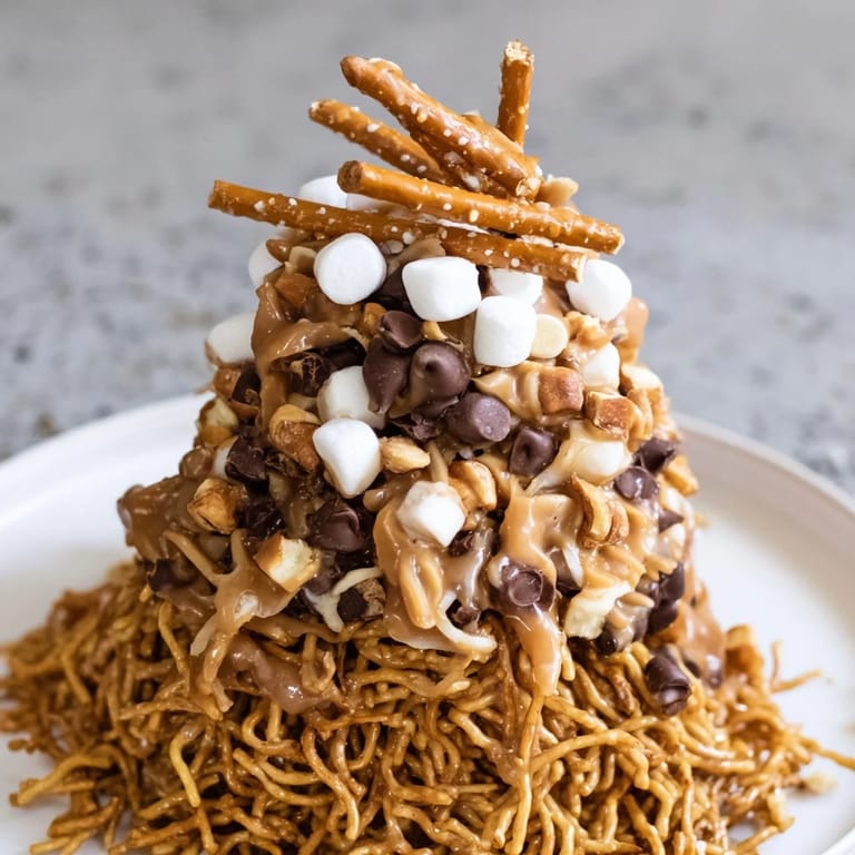 This impressive Haystack Candy Tower offers layers of crunchy, sweet, and nutty textures for your dessert table.