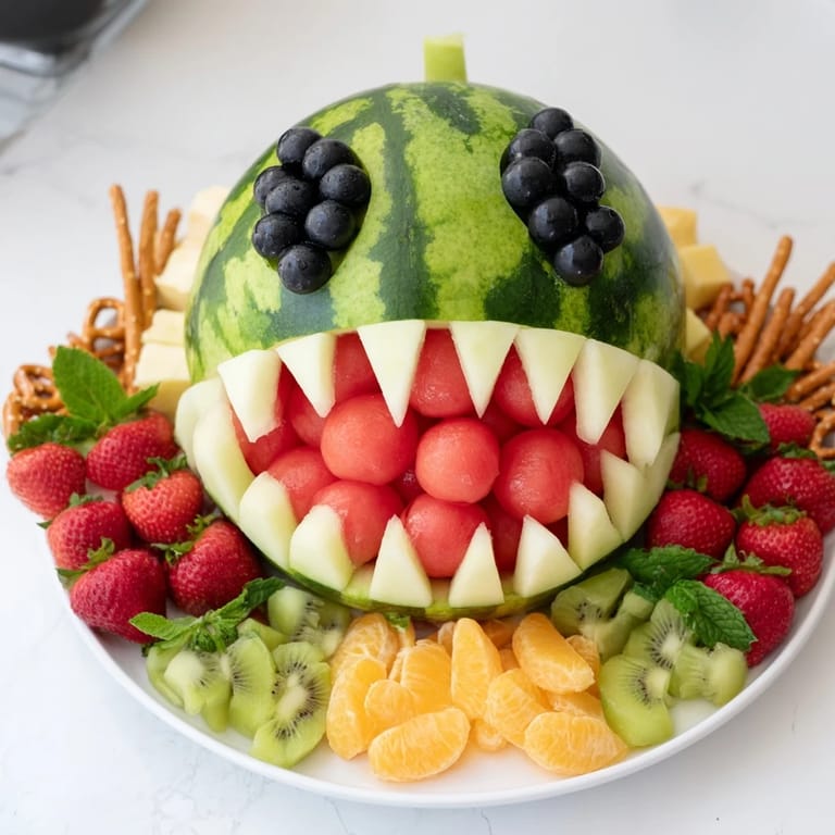 Colorful Watermelon Wave Shark Snack Board, a refreshing edible centerpiece for summer parties and kids.