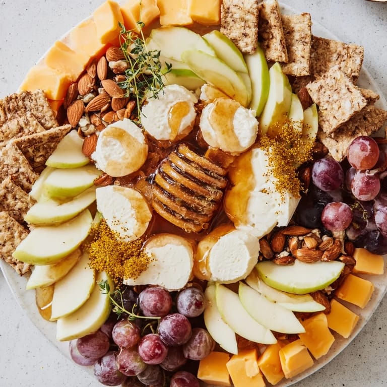 A visually stunning Busy Bee Honeycomb Snack Plate overflowing with sweet honey, cheeses, and delicious bites.