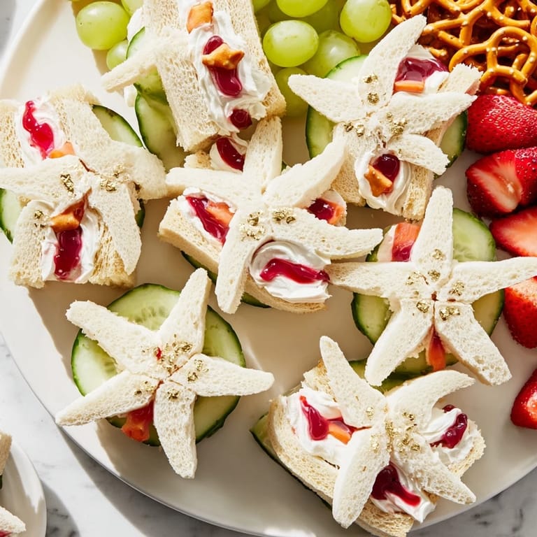 Vibrant image of a Beach Day Starfish snack platter—starfish sandwiches, grapes, and goldfish crackers beckon.