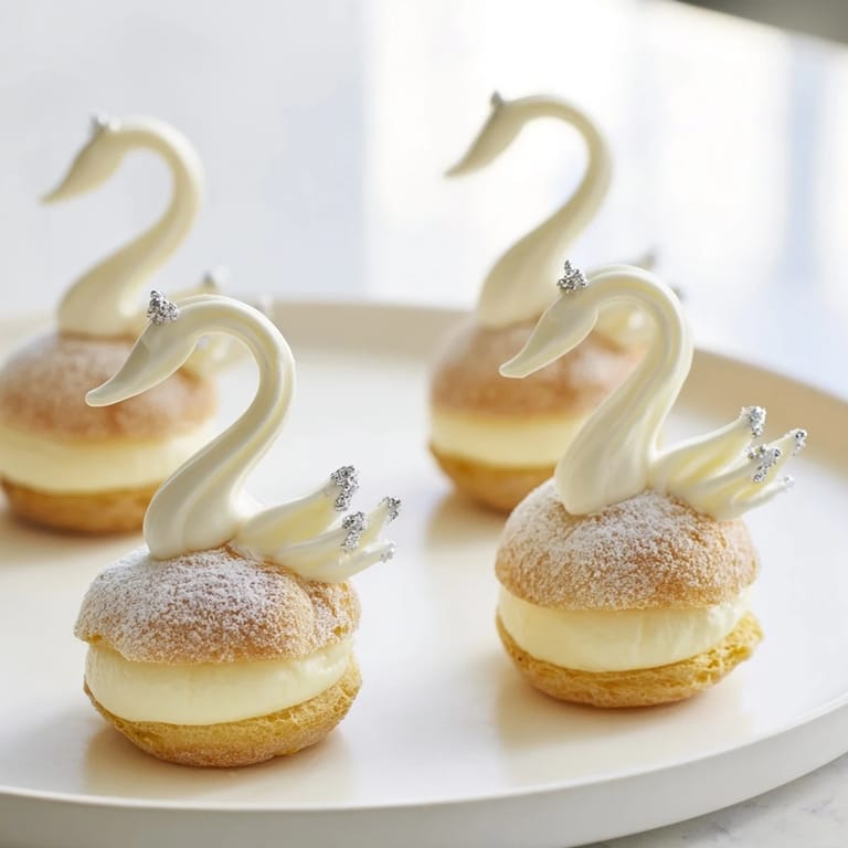 Delicate vanilla cream fills these elegant Swan Petit Fours, glazed and ready for serving at tea.