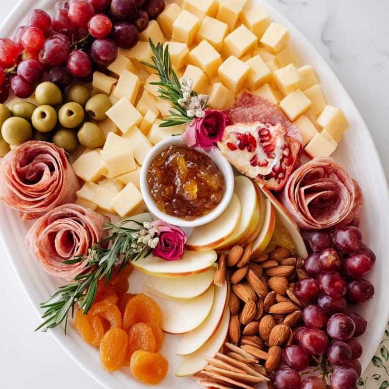 Vibrantly arranged Holiday Bow Appetizer Platter with cheddar, grapes and salami, promising a delicious snack selection.