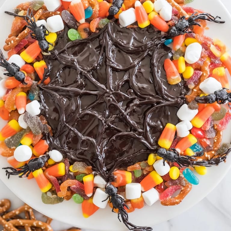 See the spooky Spiderweb candy platter, a delightful assortment of candies and pretzel twigs for Halloween.