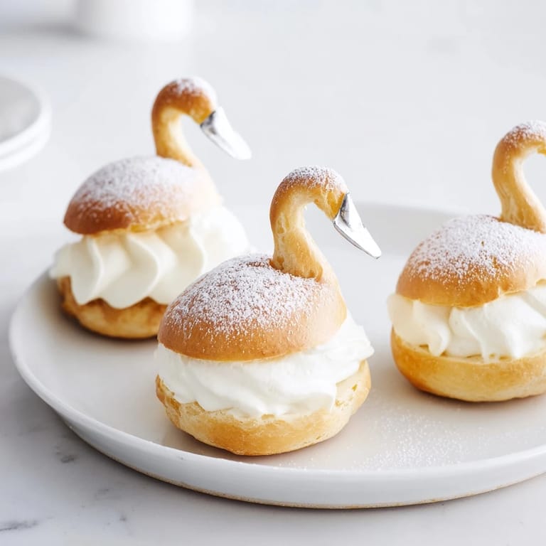 Close-up of the delicate elegant swan mini pastries, showcasing the light choux pastry and creamy filling.
