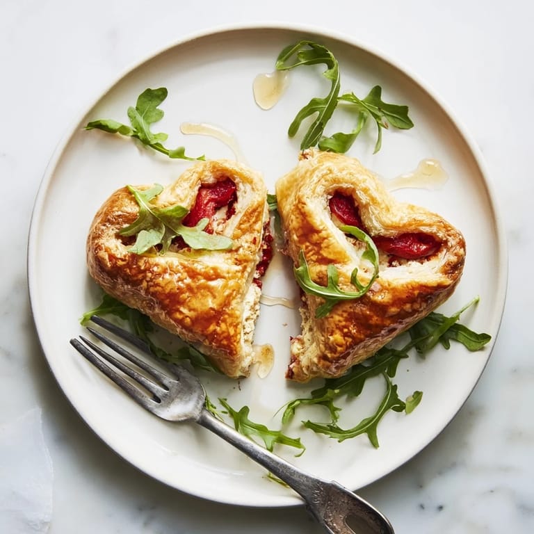 Elegant Valentines Day Cœurs Entrelacés, garnished with microgreens and drizzled honey before serving.