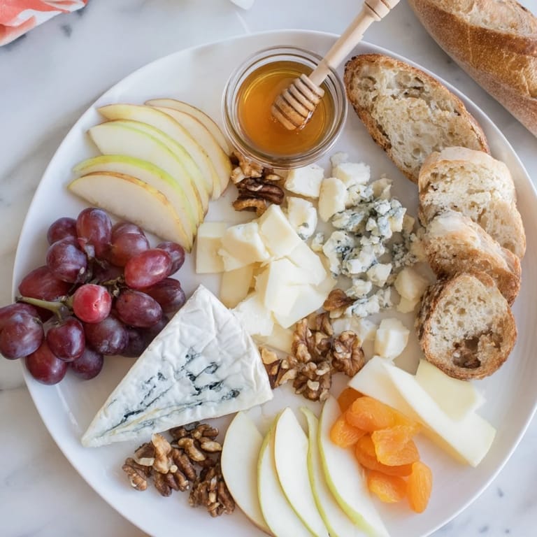 A close-up shot of the Honeycomb, Honey & Cheese Board: Brie, goat cheese, with fresh honeycomb.