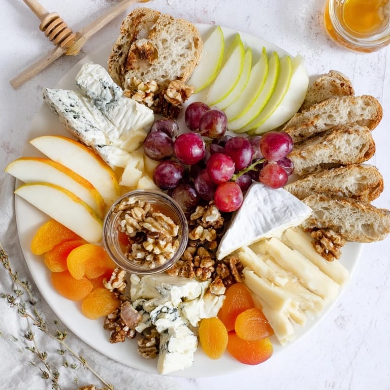 Golden honeycomb sits beside creamy cheeses on a Honeycomb, Honey & Cheese Board, perfect appetizer.