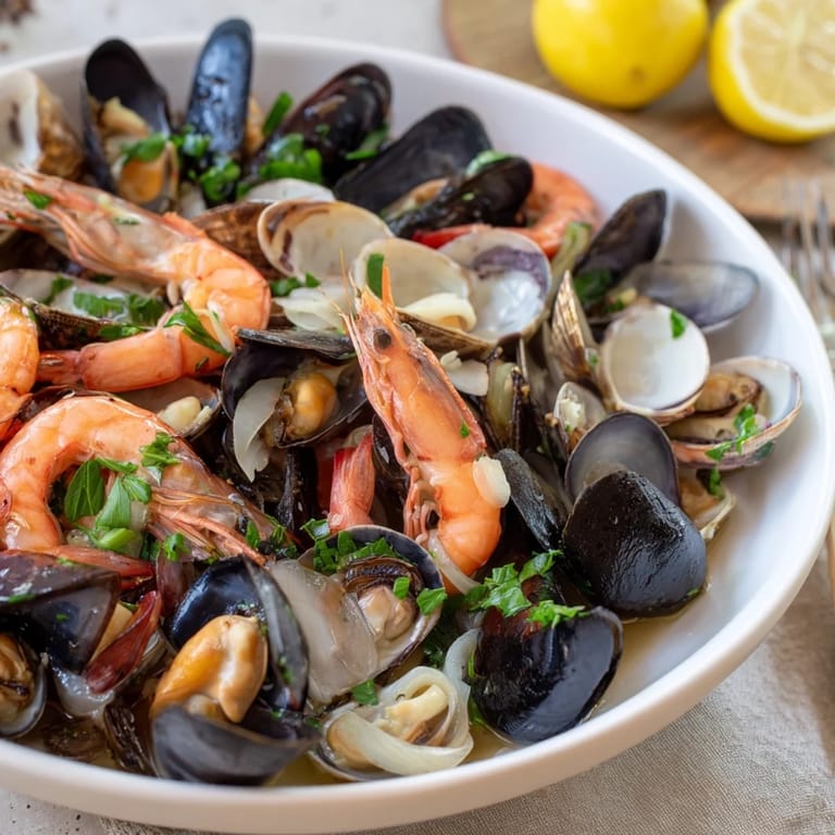 A vibrant close-up captures this fragrant Shellfish & Seafood Medley, steaming atop a savory broth with lemon wedges.