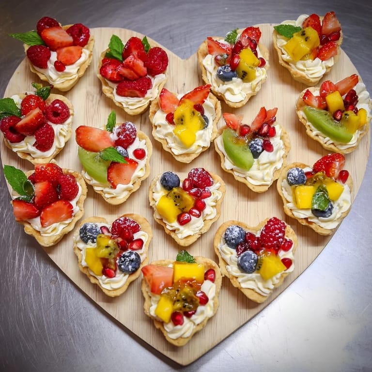 The sweet, heart-shaped Heart Shaped Fruit Tart Board features vibrant berries and luscious cream, ready to serve.