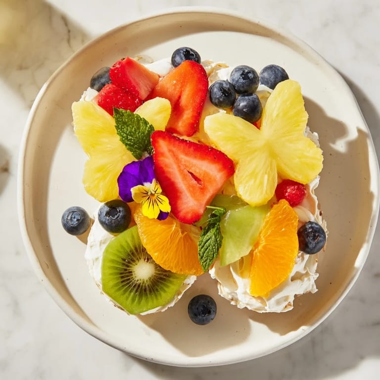 A beautifully arranged Butterfly Fruit and Cream Cheese Board featuring gluten-free dippers and edible flower garnishes.