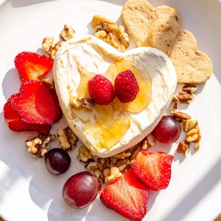 This Sweetheart Brie and Jam Board features a heart-shaped Brie surrounded by fresh berries and crackers.