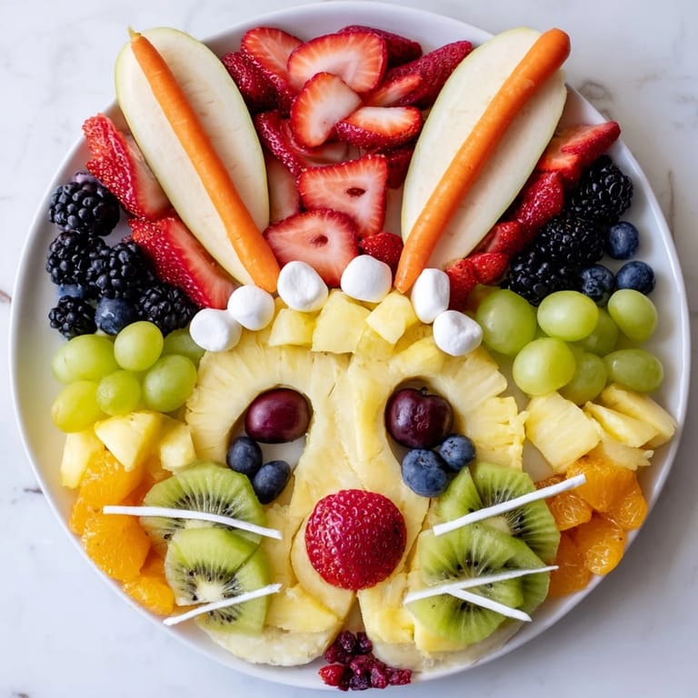 Festive and fun, a beautifully arranged Bunny Face Fruit Salad for a visually appealing, healthy snack or dessert.