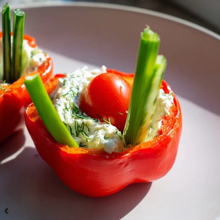 Fresh Blooming Tulip Veggie Cups, vibrant bell pepper "petals" overflowing with a flavorful cheese filling.