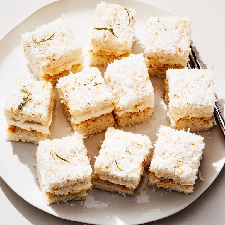 Round Snowball Tea Sandwich Bites, showcasing a lovely texture, sit ready for a holiday spread.