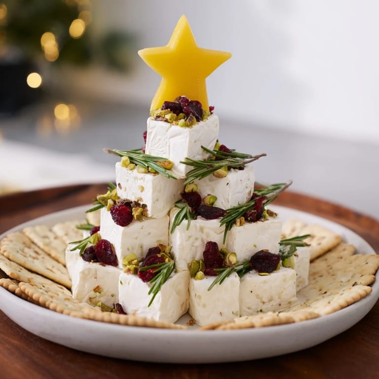 A vibrant Simple Brie Triangle Cheese Tree, featuring creamy wedges with colorful garnishes and ready crackers.
