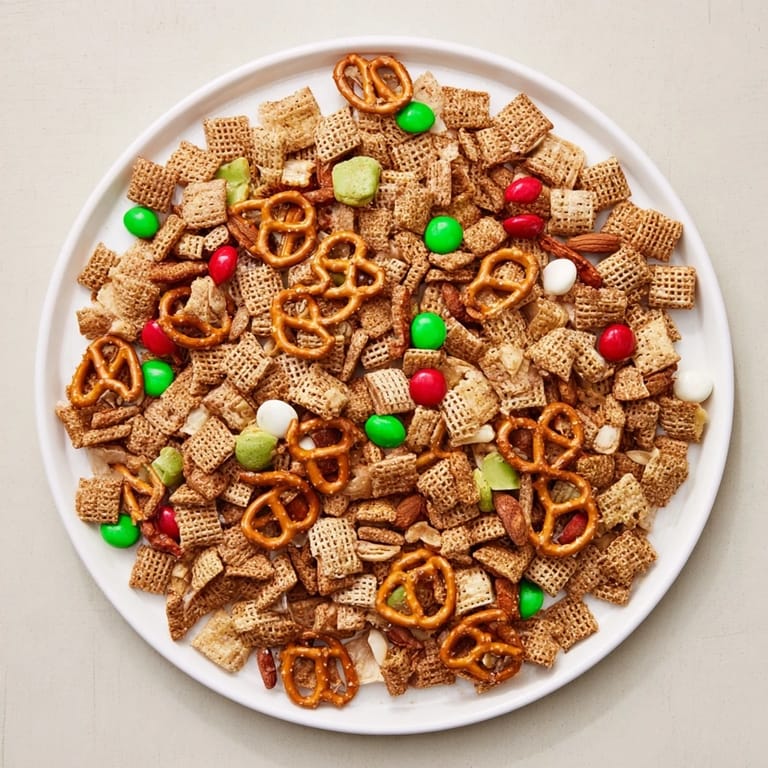 Warm, toasted Holiday Mix with colorful candies and pretzels offers a delightful snack.