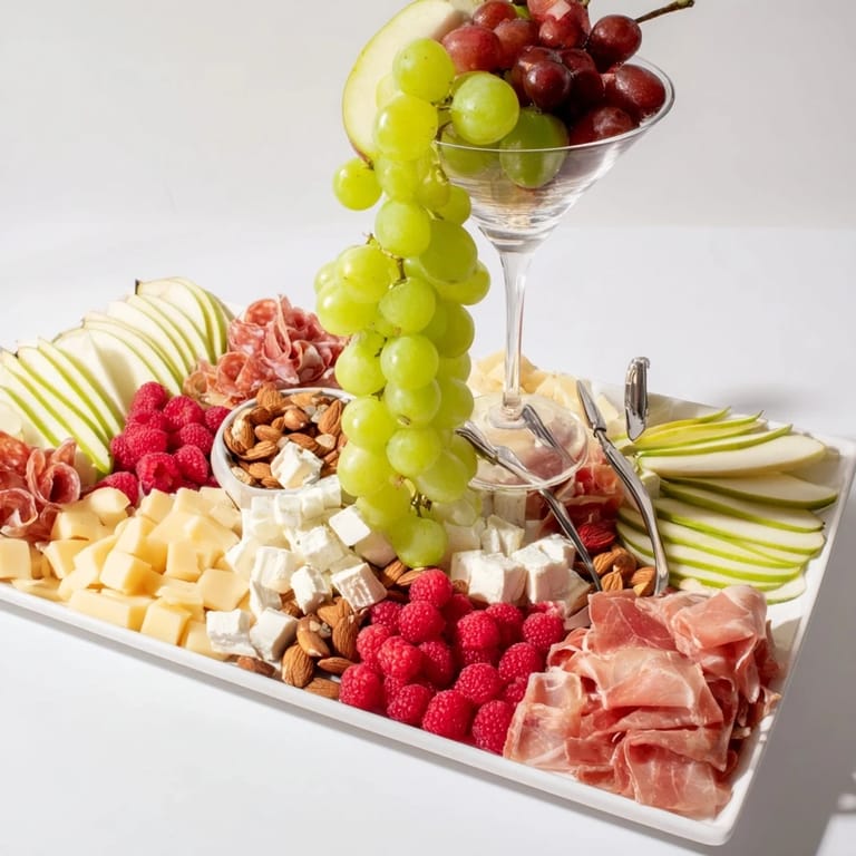 Festive Champagne Waterfall Board arrangement with colorful grapes, cheeses, and nuts perfect for your gathering.