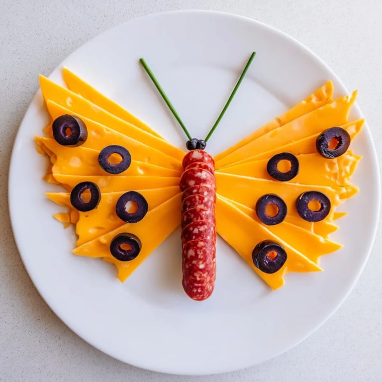 Enjoy this easy, kid-friendly Butterfly Migration snack with colorful cheddar and salami butterfly parts.