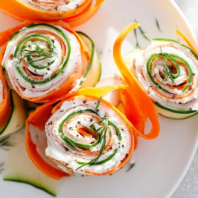 Delectable Ribbon Dancer rolls, ready to enjoy: delicate vegetable spirals with tasty smoked turkey.