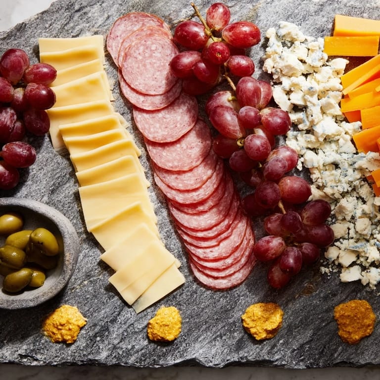 Prepare a visually stunning Industrial Slate feast, featuring a selection of cold cuts and artisan cheeses.