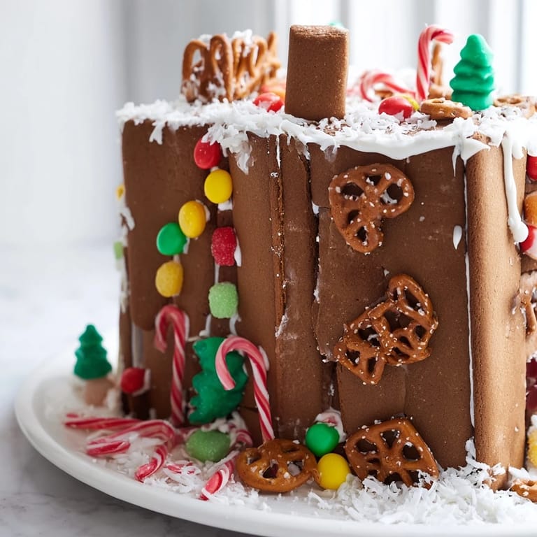 Sweet and delicious, a homemade gingerbread house complete with candy and tempting icing accents.