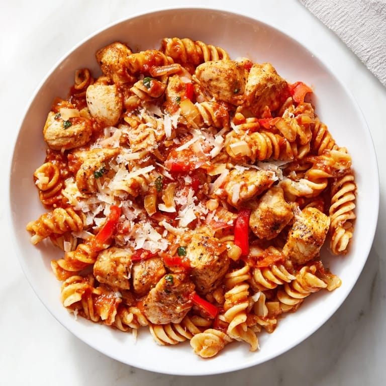 Vibrant red One-Pan Pizza Pasta with pepperoni and mozzarella, ready for a comforting meal.