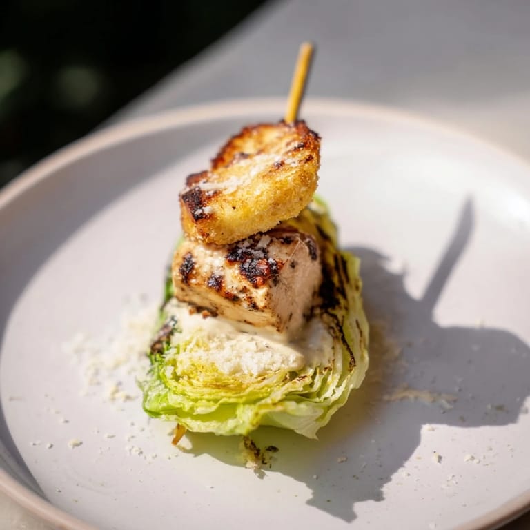 Appetizing close-up of Chicken Caesar Salad Skewers, a delightful appetizer brimming with fresh flavors and textures.