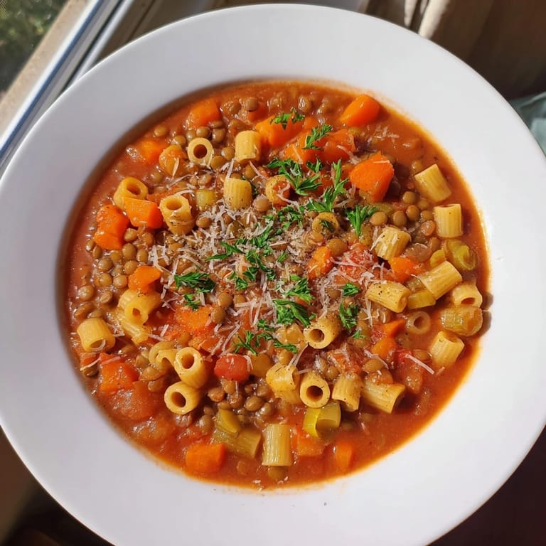 Savory Ditalini and Lentil Soup, garnished with fresh parsley, ready for a warm and flavorful dinner.