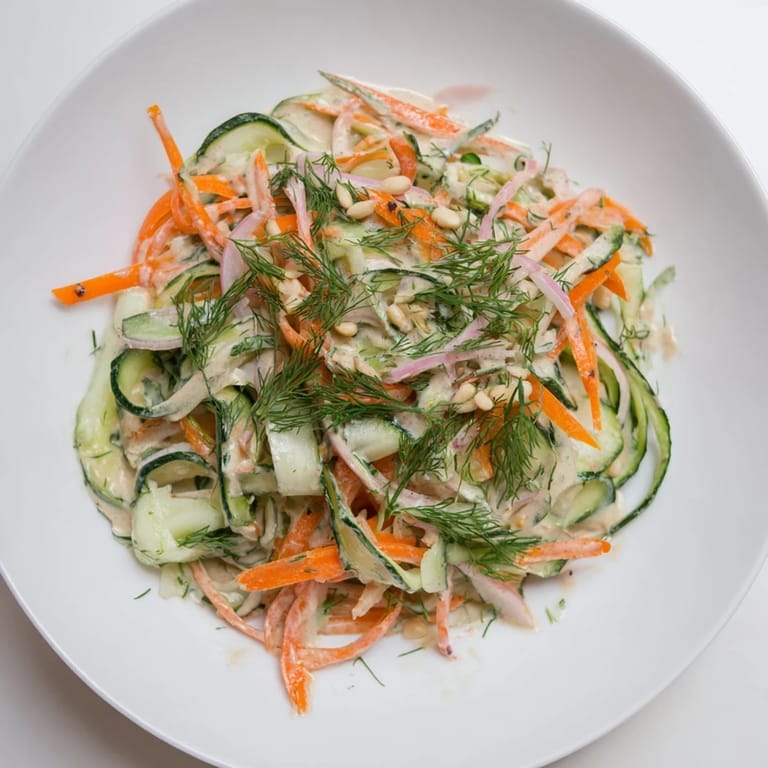 A close-up view of Thai-Style Peanut Cucumber Salad, showing the creamy peanut sauce clinging to the fresh vegetables.