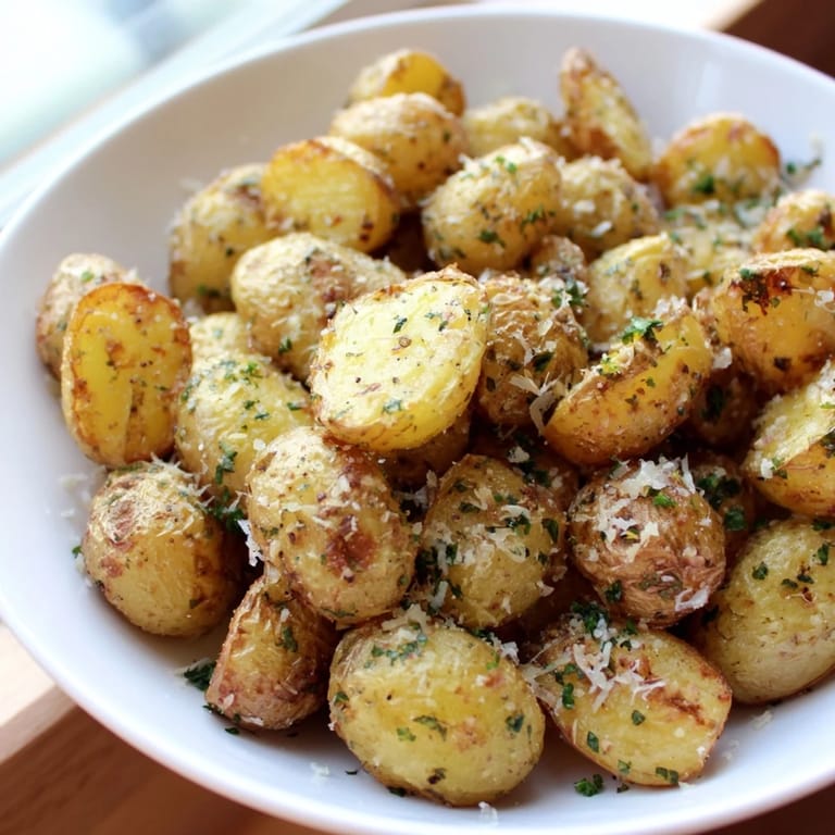 Close-up of crispy, flavorful Parmesan smashed potatoes with melted cheese and fresh herbs, ready to serve.
