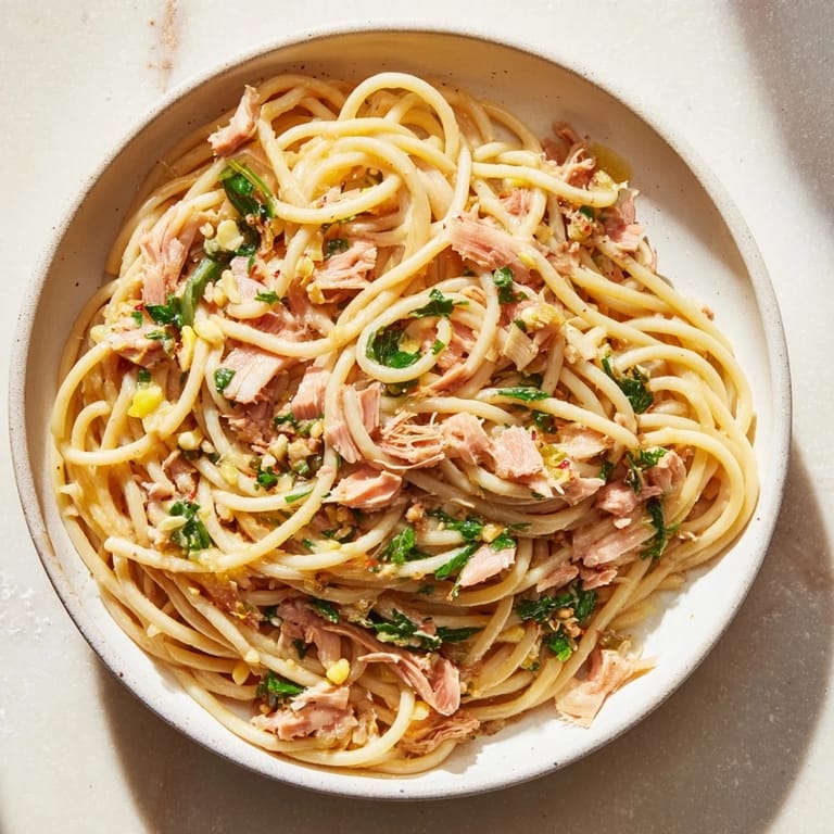 Warm, inviting bowl of Lemon-Garlic Tuna Spaghetti: Flaky tuna, bright lemon zest, and al dente pasta.