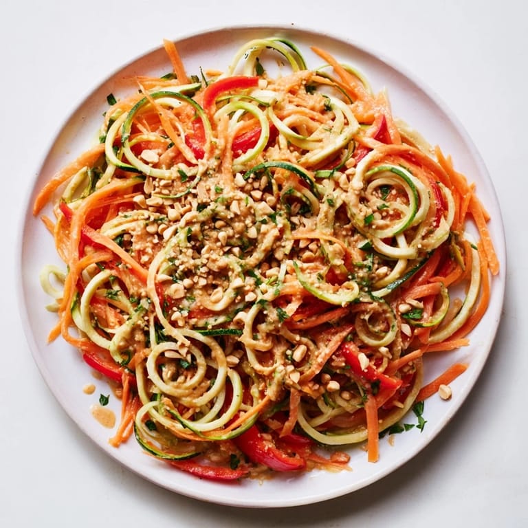 Creamy peanut sauce coats the vibrant Zesty Peanut Zucchini Noodles, a refreshing Asian-inspired main dish.