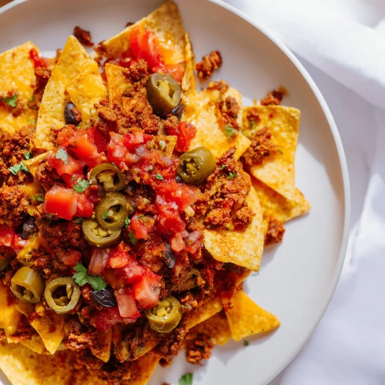 Freshly baked easy sheet-pan nachos with bubbly, melted cheese, seasoned beef, and colorful tomato and onion garnishes.
