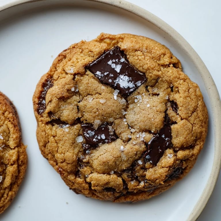 A close-up of chewy miso brown butter cookies, speckled with chocolate chips, invitingly delicious.