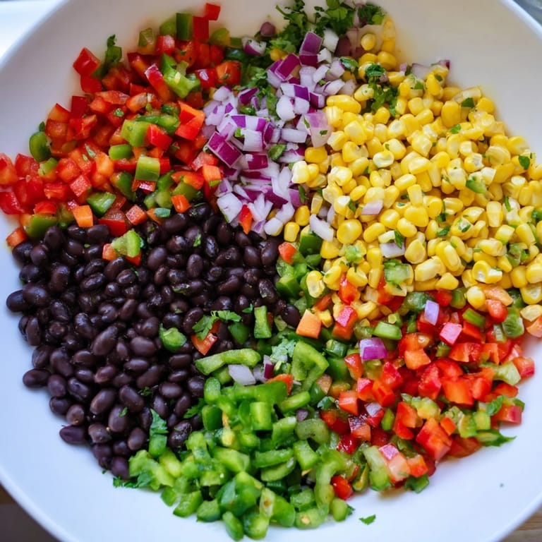 A close-up of a refreshing Cowboy Caviar Salad, showcasing black beans and sweet corn.
