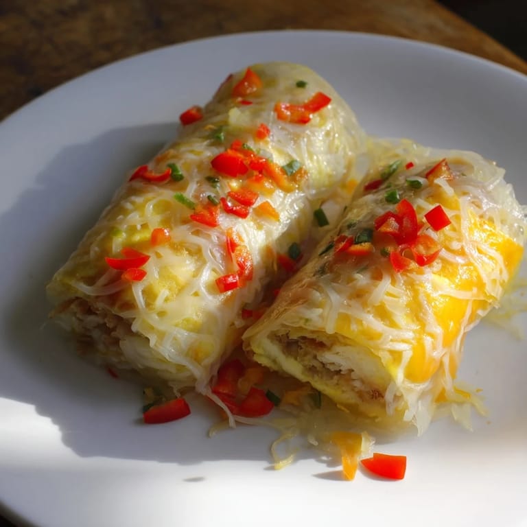 Enjoy a close-up of the delicious, savory Rice Paper Egg Cheese Wrap, filled with melty cheese.