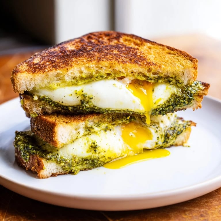 Enjoy the gooey experience that awaits you with this comforting Pesto Egg Grilled Cheese, a delicious twist.