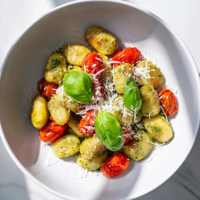 Fresh basil pesto coats golden-brown, crispy gnocchi, a vegetarian delight with bright red cherry tomatoes.
