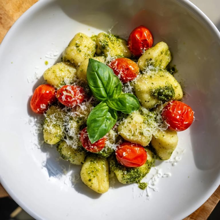 Imagine warm, crispy gnocchi with pesto: a perfect, quick Italian dinner, served with fresh basil garnish.