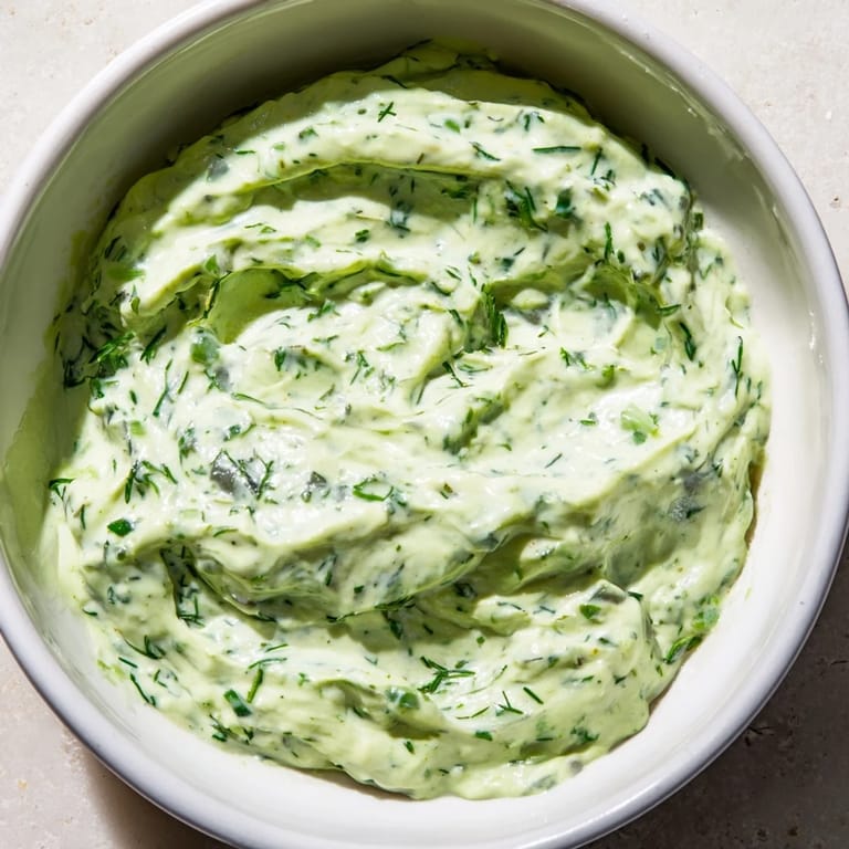 Freshly made Green Goddess Dip, with visible herbs, is a delicious vegetarian appetizer.