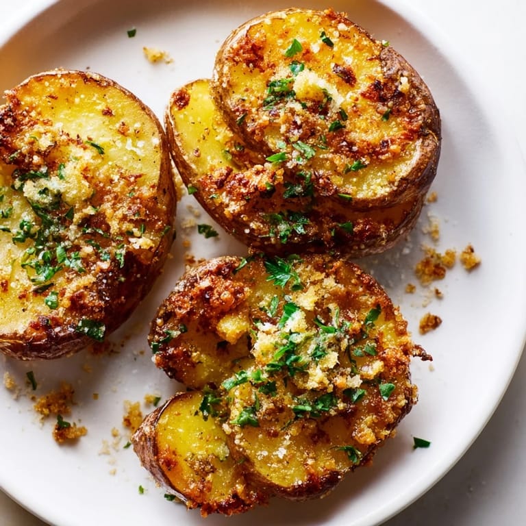 Freshly baked Garlic Parmesan Potatoes, featuring smashed potato halves coated with melted garlic butter.